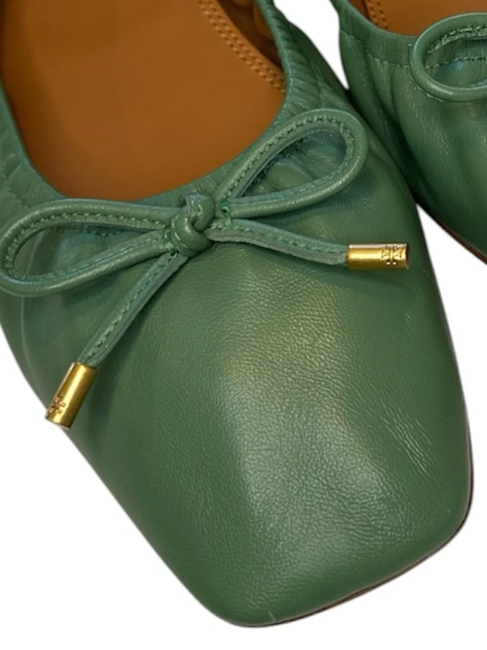 Tory Burch Ballet Flats Dress Shoes Leather Square Toe Bow Green Women’s Size 10